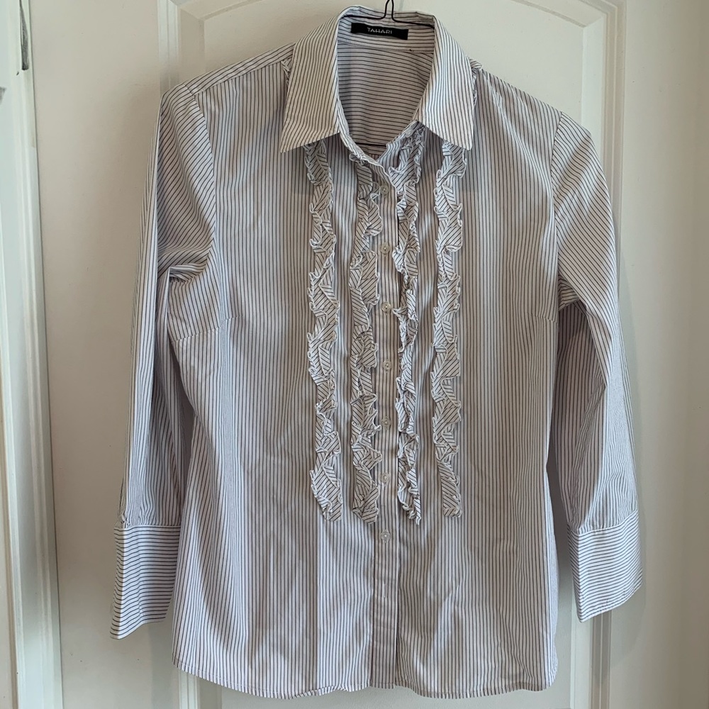 Tahari blouse ruffled shirt white